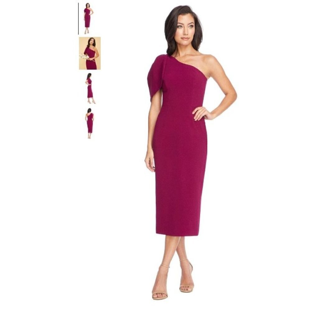 DRESS THE POPULATION Tiffany One Shoulder Sexy Red Midi Dress Bow Size Medium